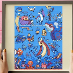 Könnte beinhalten: Eine bunte Pixel-Art-Illustration verschiedener Wasser-Pokémon, darunter ein großes blaues und rotes Pokémon mit einer Krone auf dem Kopf, ein blaues und gelbes Pokémon mit langem Hals und ein blaues und weißes Pokémon mit einer Schale auf dem Rücken. Die Pokémon sind von einem blauen Hintergrund mit weißen und blauen Blasen umgeben.