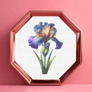 May include: A cross-stitch pattern of a single iris flower featuring shades of purple, blue, and yellow petals with green leaves, displayed within an octagonal metallic copper-colored frame against a solid pink background.