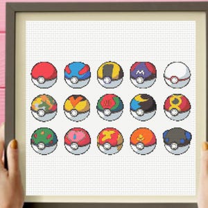 May include: A framed cross-stitch pattern featuring a grid of fifteen distinct spherical containers, each with a unique color scheme and design, including red, blue, yellow, and patterned variations, all set against a white grid background.