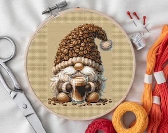 Coffee Gnome Cross Stitch Patterns, Coffee Lover Cross Stitch Pattern, instant download