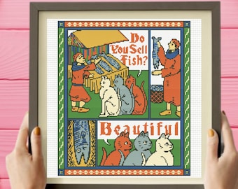 Medieval Cross Pattern , Cat and Saridnes Scene Cross Stitch Pattern,  instant pdf download