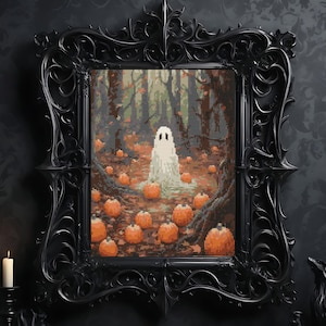 May include: A pixel art style cross stitch pattern framed in an ornate black frame. The image depicts a white ghost standing in a dark forest filled with orange pumpkins on the ground. The scene features brown tree trunks and a muted forest floor.