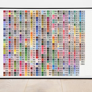 May include: A framed rectangular colour chart featuring a grid of numerous small, distinct coloured squares, each labelled with a unique three or four-digit numerical code. The chart displays a wide spectrum of hues, including reds, blues, greens, yellows, and neutrals, organised in vertical columns within a black frame.