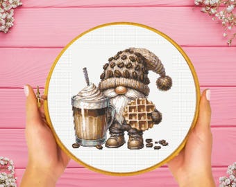 Coffee Gnome Cross Stitch Patterns, Coffee Lover Cross Stitch Pattern, instant download