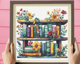 Bookshelf Cross Stitch Pattern ,  Book Lover Cross Stitch Pattern, instant download