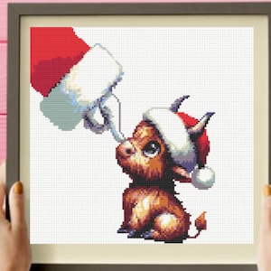 Highland Cow Cross Stitch Pattern - Christmas Cow Cross Stitch Pattern, Santa Highland Cow Cross Stitch, Instant Download