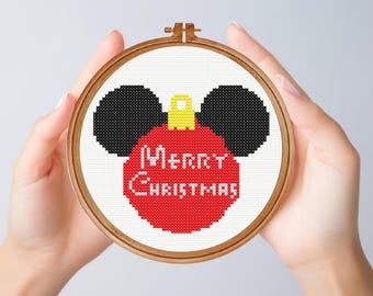 Patrón de punto de cruz de ratón de dibujos animados, patrón de punto de cruz de orejas de ratón navideñas, descarga instantánea