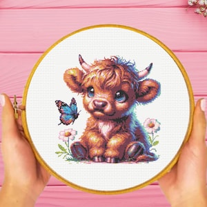 Baby Highland Cow Cross Stitch Pattern , Butterfly Cross Stitch Pattern, instant download