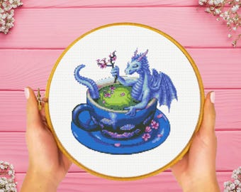 Tea Dragon Cross Stitch Pattern, Tea Cup Dragon Cross Stitch Pattern, Dragon Cross Stitch Pattern, instant download
