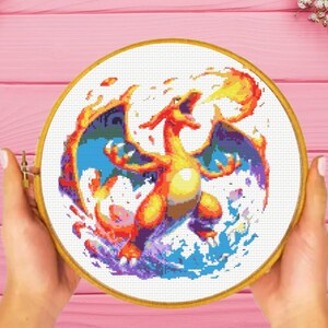 Schema per punto croce di Charizard, schema per punto croce di Pokémon, download immediato