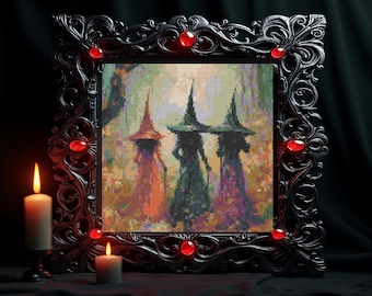 May include: A square cross-stitch pattern featuring three figures in pointed hats standing in a forest, framed in an ornate black border with embedded red circular gems. The figures are rendered in pixelated shades of orange, green, and purple.