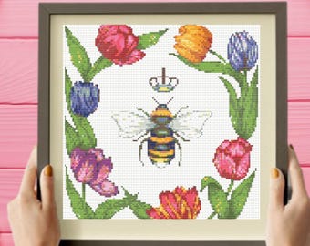 Modèle de point de croix d'abeille, modèle de point de croix de reine des abeilles, téléchargement pdf instantané