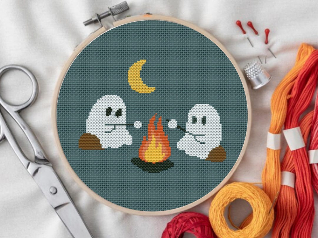 Ghost Stitching Pattern Cute Ghost Cross Stitch Pattern , Cute Ghosts Fire Camp, Instant Pdf ...