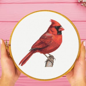 Puede incluir: Un patrón de punto de cruz que muestra un pájaro cardenal rojo vibrante posado en una pequeña rama marrón, dentro de un bastidor de bordado circular de madera. El diseño está realizado con puntadas pixeladas sobre tela blanca.