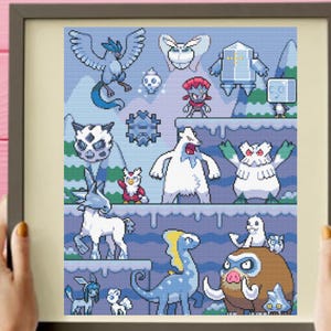 May include: A colorful pixel art illustration of various ice-type Pokemon, including Articuno, Cloyster, and Vanilluxe, on a snowy background.