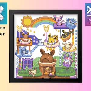 Puede incluir: Un patrón de punto de cruz enmarcado que presenta pixel art de varios personajes de la evolución de Eevee en un entorno de parque infantil colorido de varios niveles con un arcoíris, sol y estrellas. Incluye plataformas y estructuras.