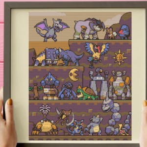 May include: A pixel art style illustration of various Pokemon characters, including a purple and blue Tyranitar, a green and yellow Sceptile, and a brown and yellow Groudon. The characters are arranged in a grid pattern on a brown background.