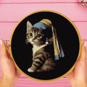 Kitten With A Pearl Cross Stitch Pattern, Cat Cross Stitch Pattern