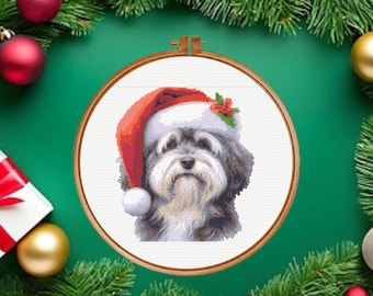 Havanese Cross Stitch Pattern, Havanese Dog Cross Sitch Pattern, Santa Dog Cross Stitch Pattern, instant download