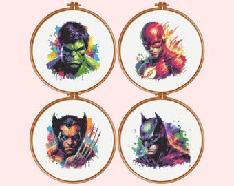 Hero Cross Stitch Pattern , Set of 4 Heros Cross Stitch Pattern,  instant download