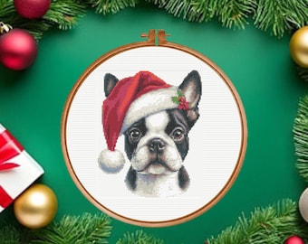 Boston Terrier Cross Stitch Pattern, Santa Dog Cross Stitch Pattern, instant download