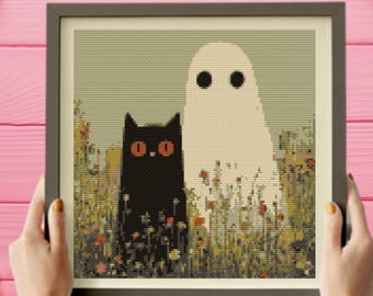 Patrón de punto de cruz fantasma, patrón de punto de cruz gato, descarga instantánea en PDF