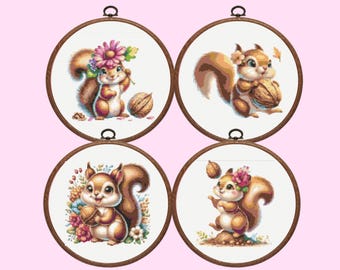 Squirrel Cross Stitch Pattern - Set of 4 Squirrels, Instant PDF Download