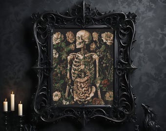 May include: A rectangular wall art piece featuring a human skeleton surrounded by various flowers, including roses, set within an ornate, black, gothic-style frame. The artwork displays a detailed anatomical depiction of the torso and skull.