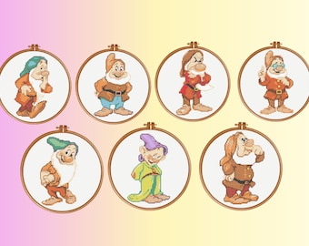 七人の小人のクロスステッチパターン、ドック、グランピー、ハッピー、スリーピー、バッシュフル、スニージー、ドープ、PDF即時ダウンロード