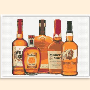 May include: A cross-stitch pattern featuring five amber-colored bourbon whiskey bottles arranged in a row. The labels clearly display the brand names Wild Turkey, Four Roses, Woodford Reserve, Maker's Mark, and Buffalo Trace with their respective logos.