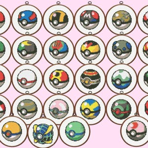 May include: A collection of twenty-eight circular cross-stitch patterns featuring various spherical designs with distinct color schemes and patterns, each enclosed in a wooden embroidery hoop frame, arranged in a grid on a light pink background.