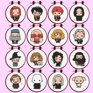 May include: A collection of sixteen circular embroidery hoops, each containing a unique pixel art cross-stitch character. The characters represent various figures with distinct hair colors, outfits, and accessories, arranged in a four-by-four grid.