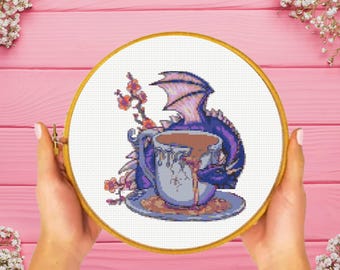 Tea Dragon Cross Stitch Pattern, Tea Cup Dragon Cross Stitch Pattern, Dragon Cross Stitch Pattern, instant download