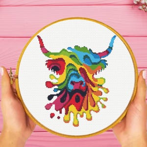 Highland Cow Cross Stitch Pattern, Rainbow Highland Cow Cross Stitch Pattern, instant download