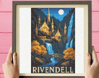 May include: A framed cross-stitch pattern depicting a fantasy landscape with golden buildings, waterfalls, and trees under a full moon. The scene features dark blue mountains and the text RIVENDELL in large, light-colored capital letters at the bottom.