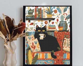 Whimsical Black Cat Cross Stitch Pattern, instant download