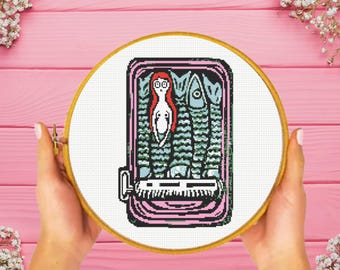 Sardines Can Cross Stitch Pattern, Funny Fish Can Cross Stitch Pattern, Mermaid Cross Stitch Pattern, instant download