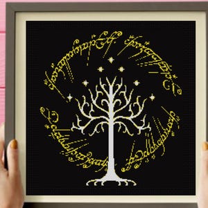 Patrón de punto de cruz Tierra Fantasía, Patrón de punto de cruz Árbol de Gondor, descarga instantánea