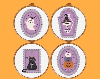 Patrón de punto de cruz de Halloween, juego de 4 patrones de punto de cruz de Halloween, descarga instantánea en PDF.