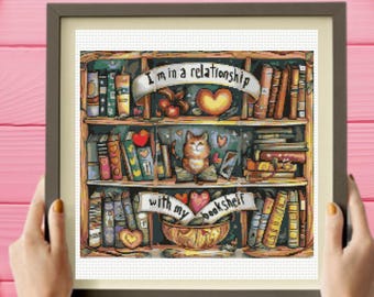 Bookshelf Cross Stitch Pattern ,  Book Lover Cross Stitch Pattern, instant download