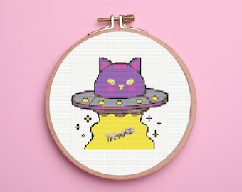 Kruissteekpatroon UFO-kat, buitenaards borduurwerk (digitale download)