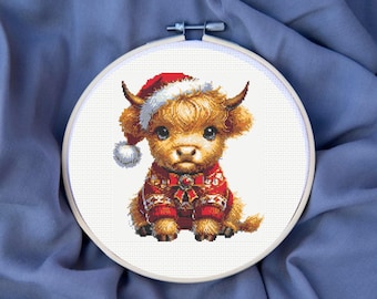Highland Cow Cross Stitch Pattern , Christmas Hifghland Cow Cross Stitch Pattern, instant download