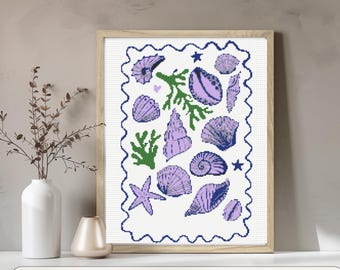 Kreuzstichmuster mit Muscheln | Küstenmotiv | Meer-Kreuzstich | Mittelmeer-Sommer-Kreuzstich | Strand