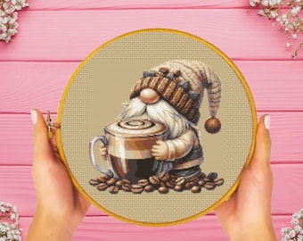 Coffee Gnome Cross Stitch Patterns, Coffee Lover Cross Stitch Pattern, instant download