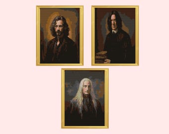 May include: Three framed cross-stitch portraits featuring pixelated depictions of individuals with distinct hairstyles and dark clothing. Each rectangular piece is encased in a simple gold-colored frame, showcasing detailed needlework patterns.
