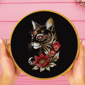 Floral Cat Cross Stitch Pattern , instant download