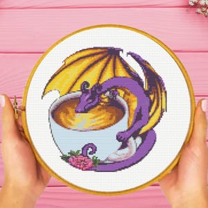 Coffee Dragon Cross Stitch Pattern, Tea Dragon Cross Stitch Pattern, Dragon Cross Stitch Pattern, instant download