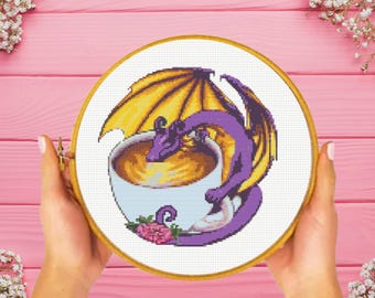 Coffee Dragon Cross Stitch Pattern, Tea Dragon Cross Stitch Pattern, Dragon Cross Stitch Pattern, instant download