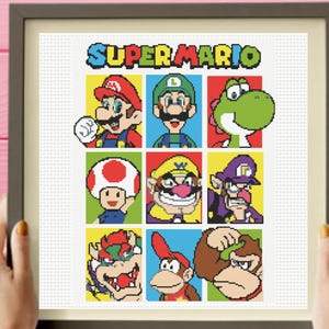 Puede incluir: Un patrón de punto de cruz enmarcado con el texto SUPER MARIO en la parte superior, seguido de una cuadrícula de nueve personajes en pixel art que incluye a Mario, Luigi, Yoshi, Toad, Wario, Waluigi, Bowser, Diddy Kong y Donkey Kong.
