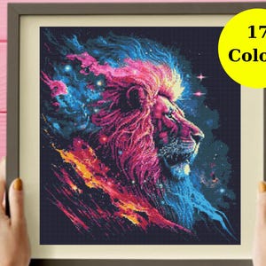 Neon Lion Cross Stitch Pattern , Realistic Cross Stitch Pattern, instant pdf download, 18 DMC Colors